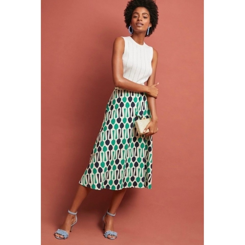 Anthropologie EVA FRANCO Spoons Print‎ Midi Skirt Navy Blue Kelly Green Spoon 8